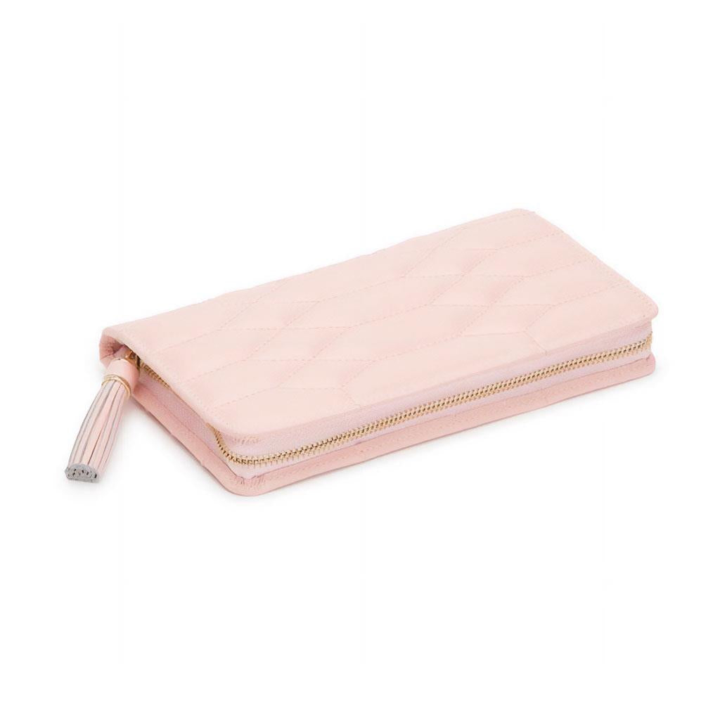 Pink quilted leather jewelry travel wallet with zipper closure