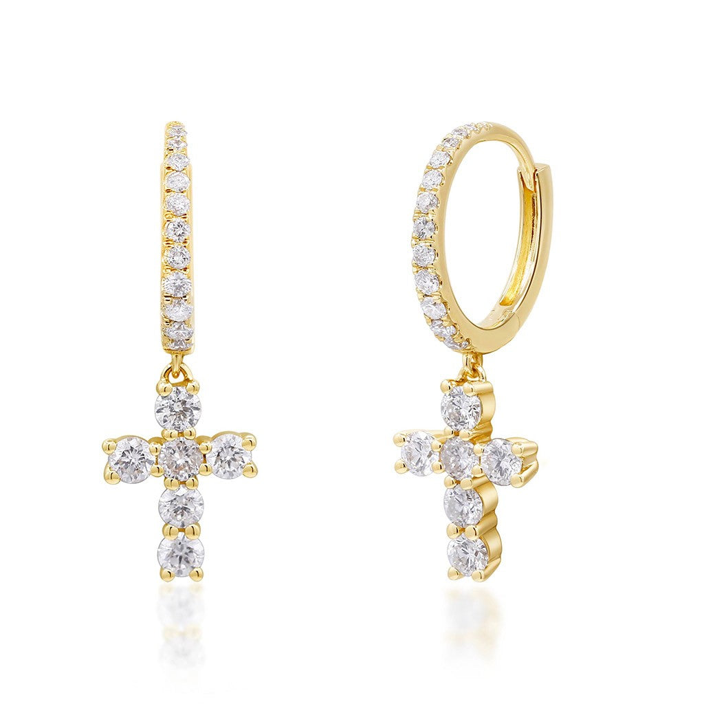 14k yellow gold diamond cross dangle huggie earrings