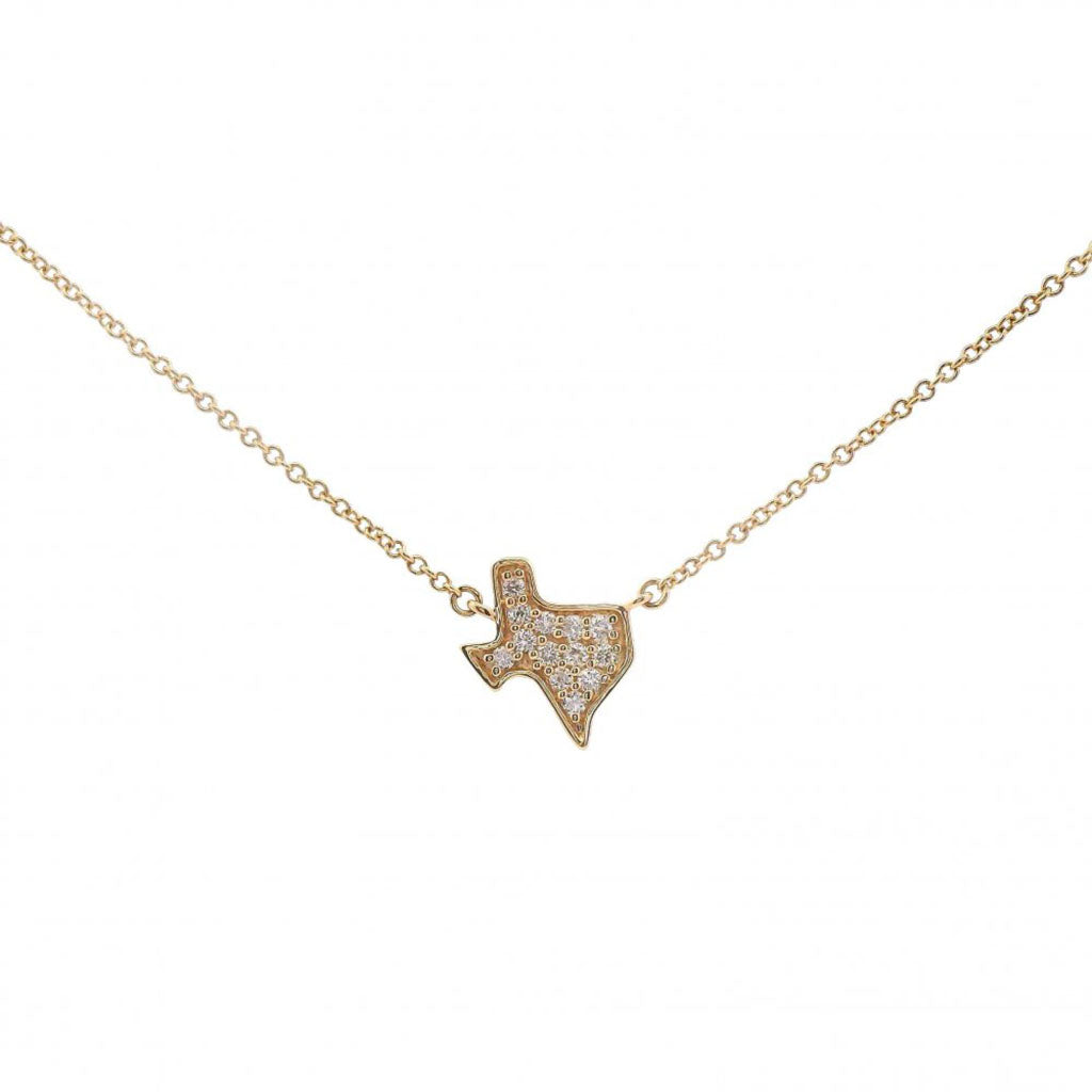 14K yellow gold Texas state necklace with diamond pavé pendant on adjustable chain
