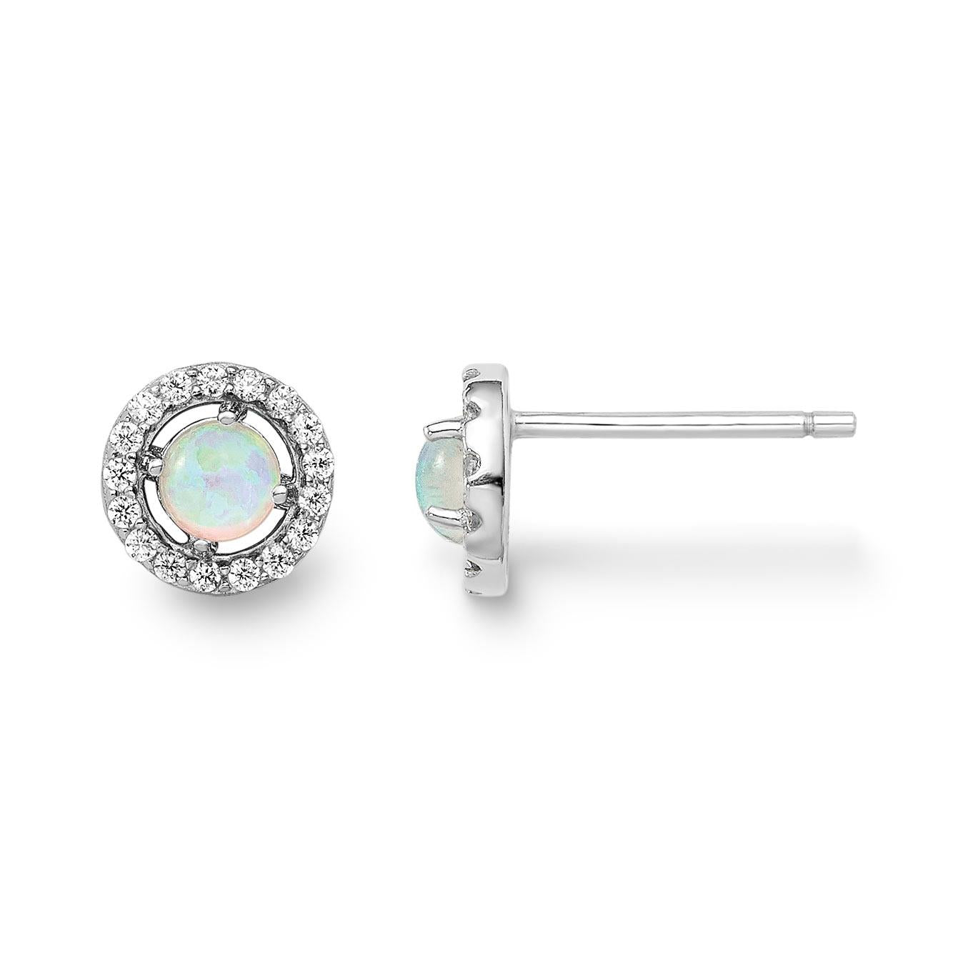 opal diamond halo earring studs in white gold