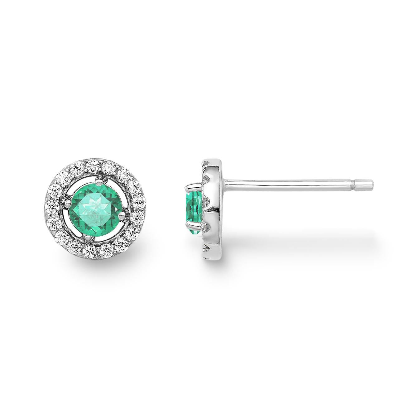 Emerald diamond halo stud earring in white gold
