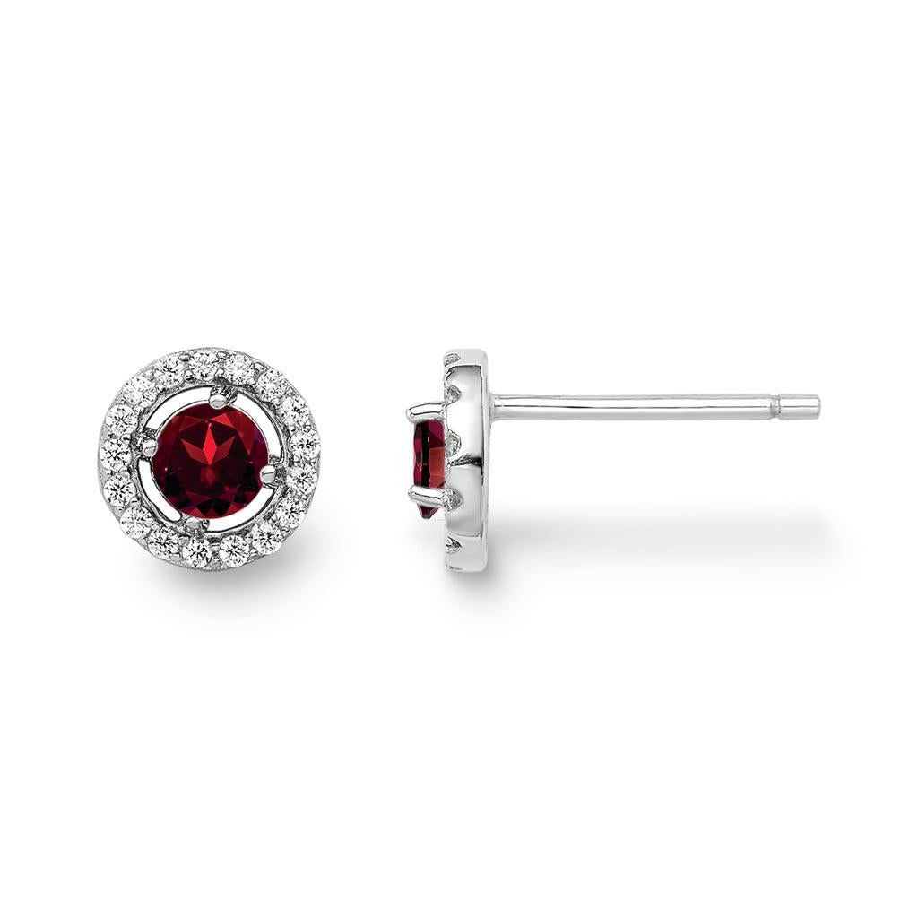 Garnet and diamond halo stud earrings in white gold at Victoria Jones Jewelry Amarillo
