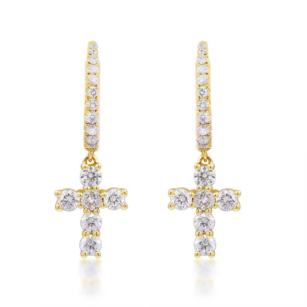 Diamond cross dangle huggies in 14k yellow gold
