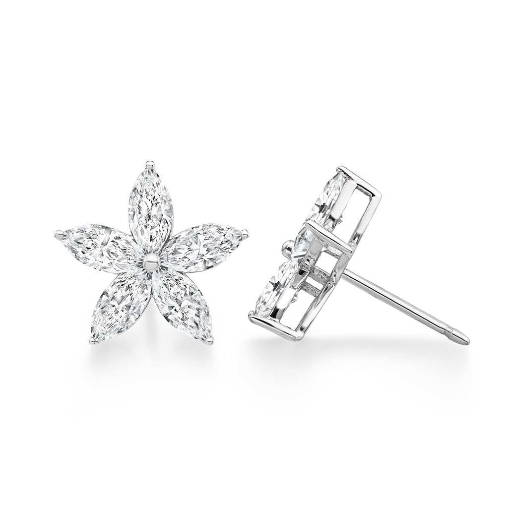 14k white gold marquise diamond floral earring stud