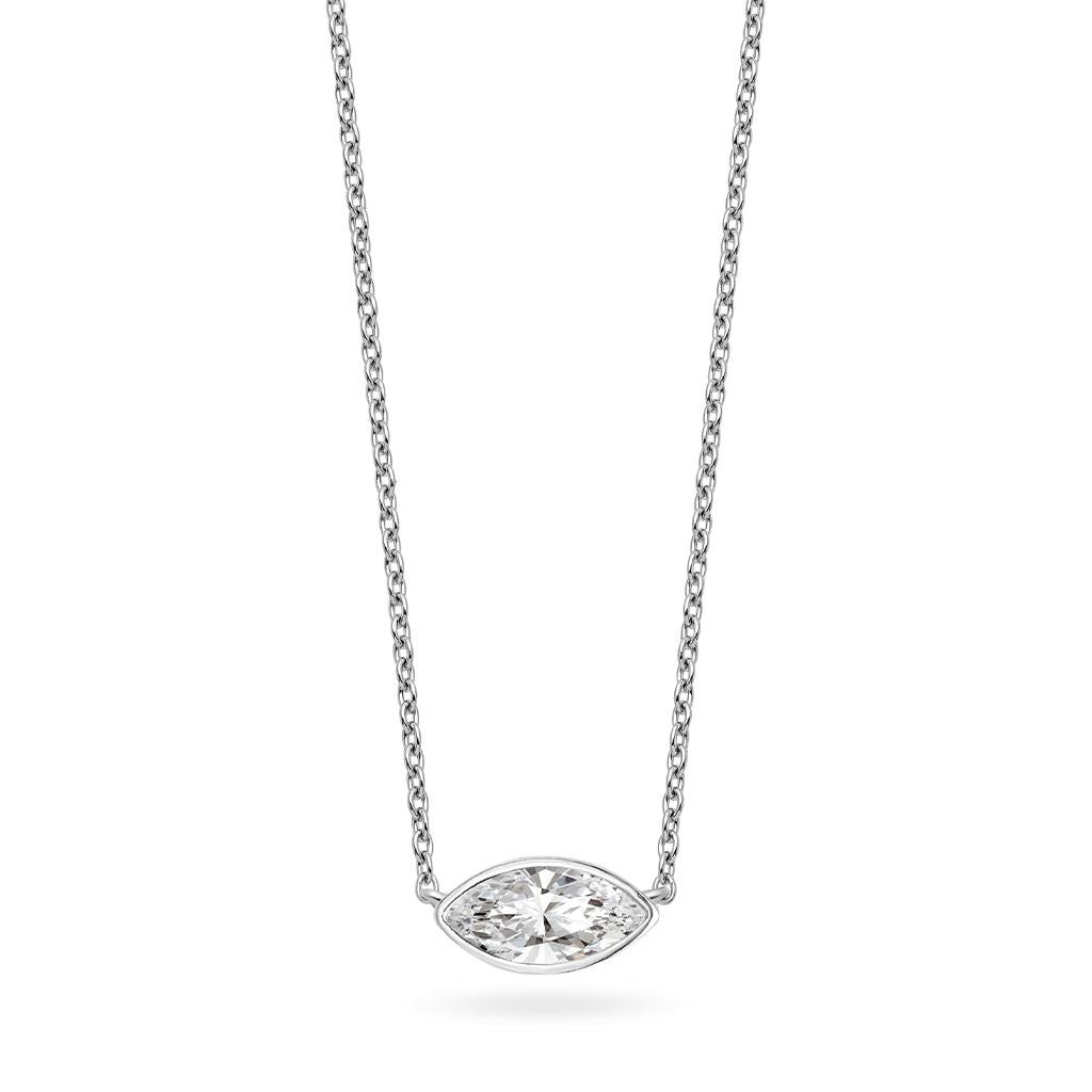 bezel set marquise diamond necklace in white gold