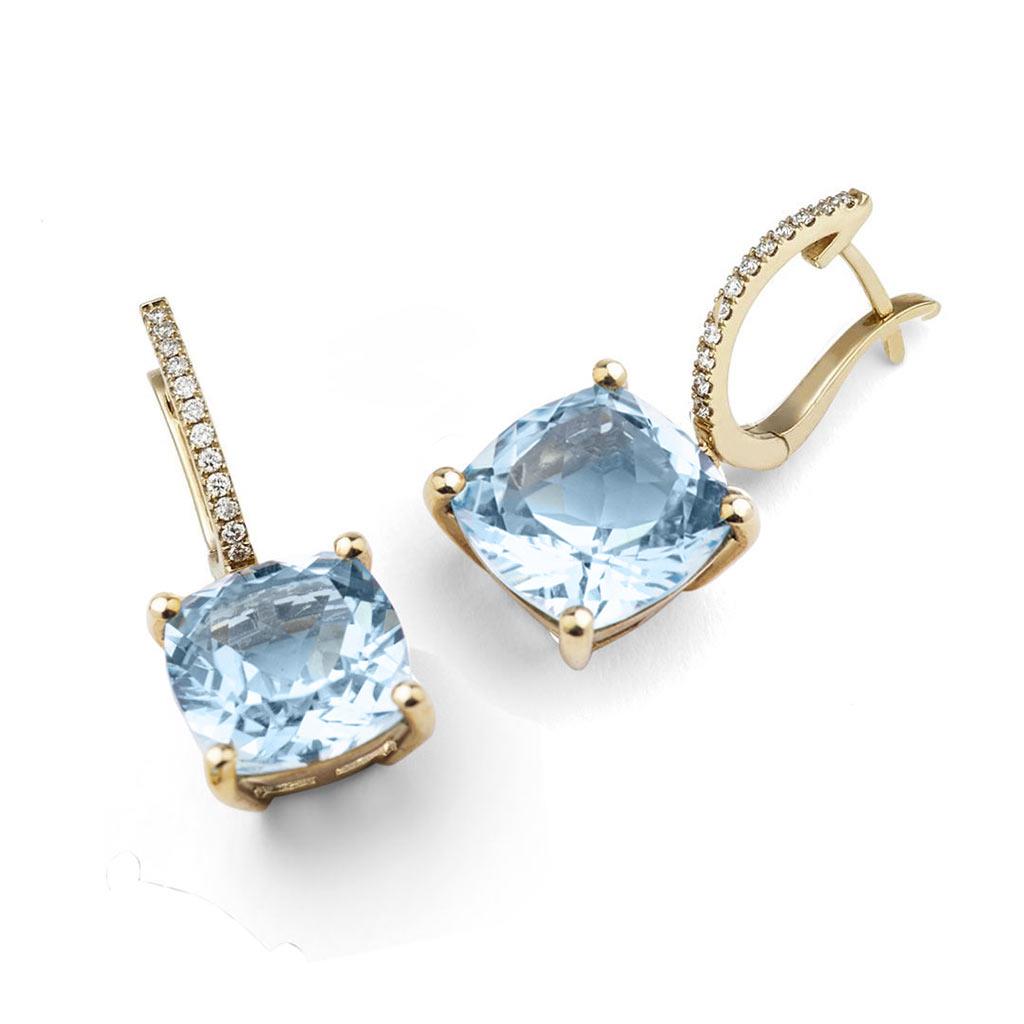 Piero Milano blue topaz cushions with diamond huggie earrings in yellow gold