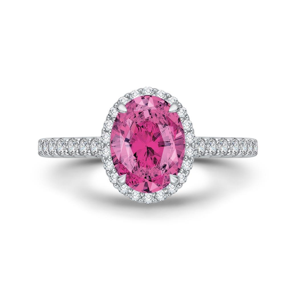 Pink sapphire oval diamond halo ring in white gold