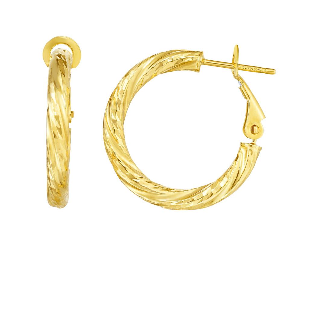 Textured round omega back hoop earrings in yellow gold