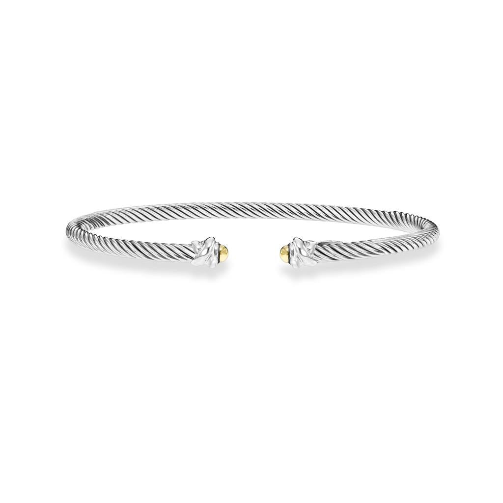 cable sterling silver cuff bracelet with 14k yellow gold endcaps