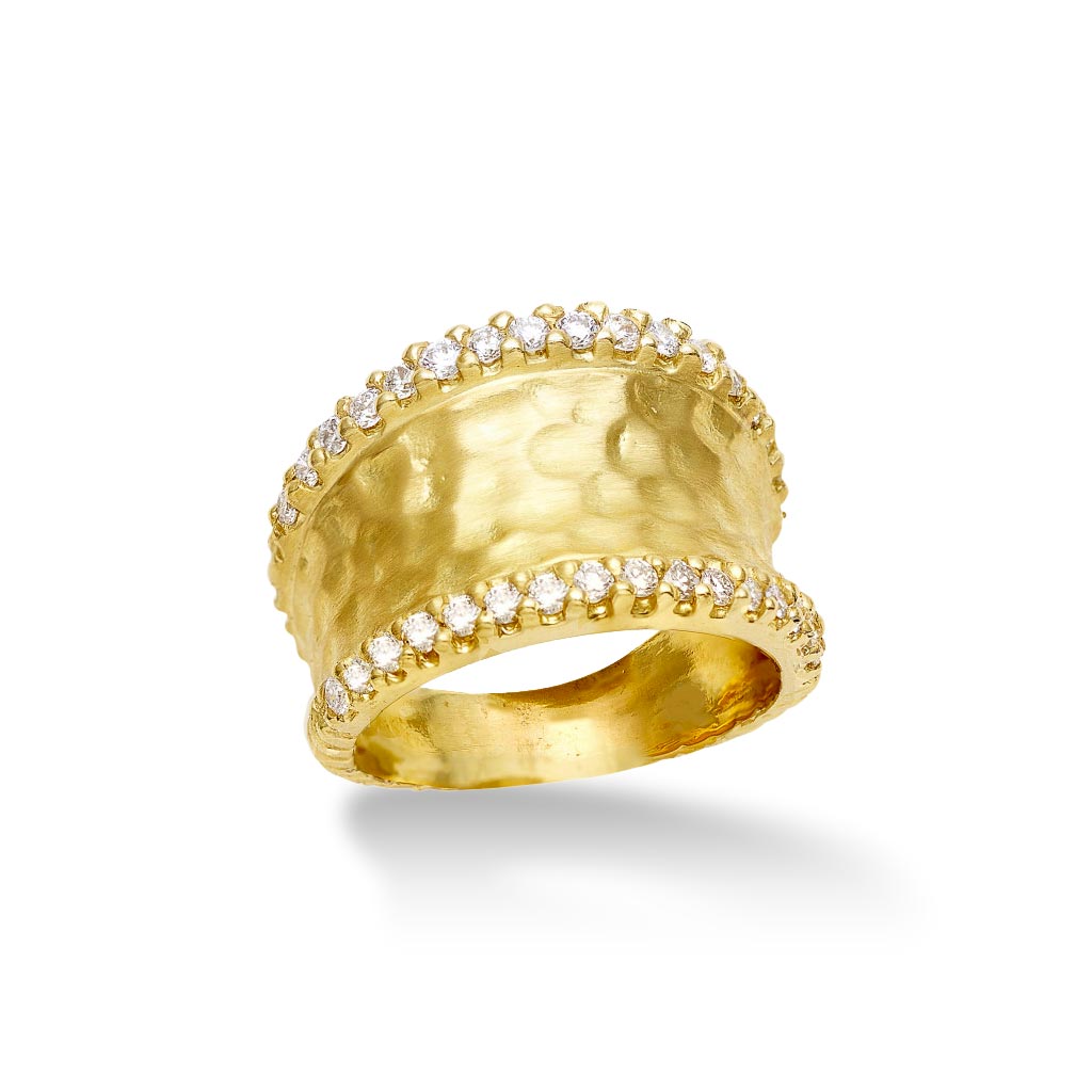 14K yellow gold wide hammered ring with 0.64ctw diamond accents by Raymond Mazza