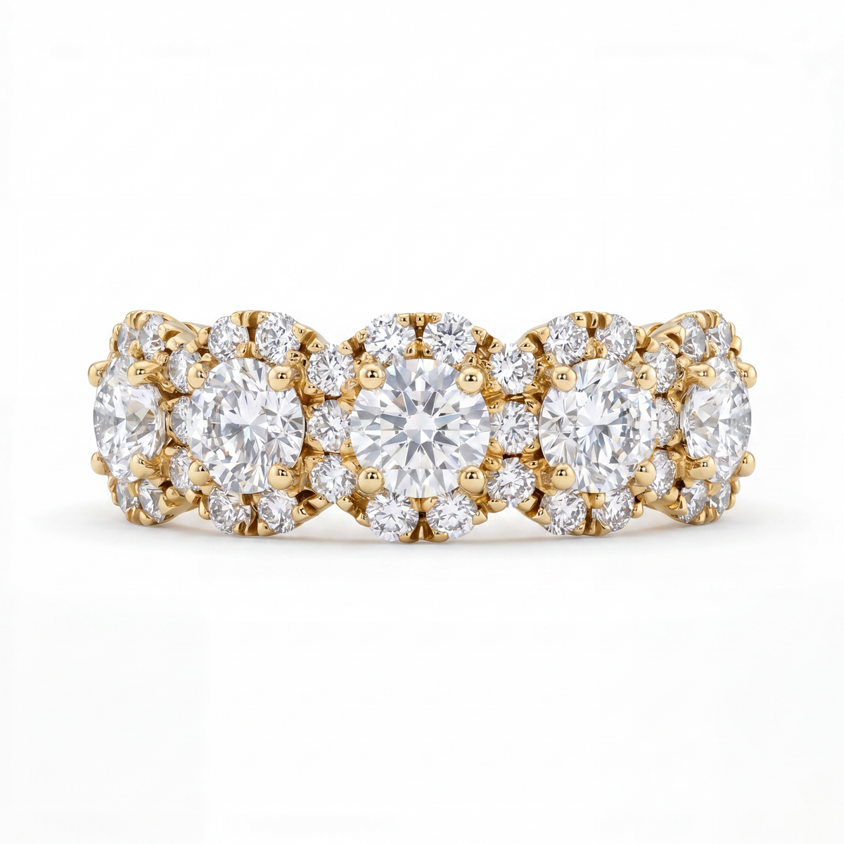 18K yellow gold round diamond halo band ring with 2.06ctw round brilliant diamonds