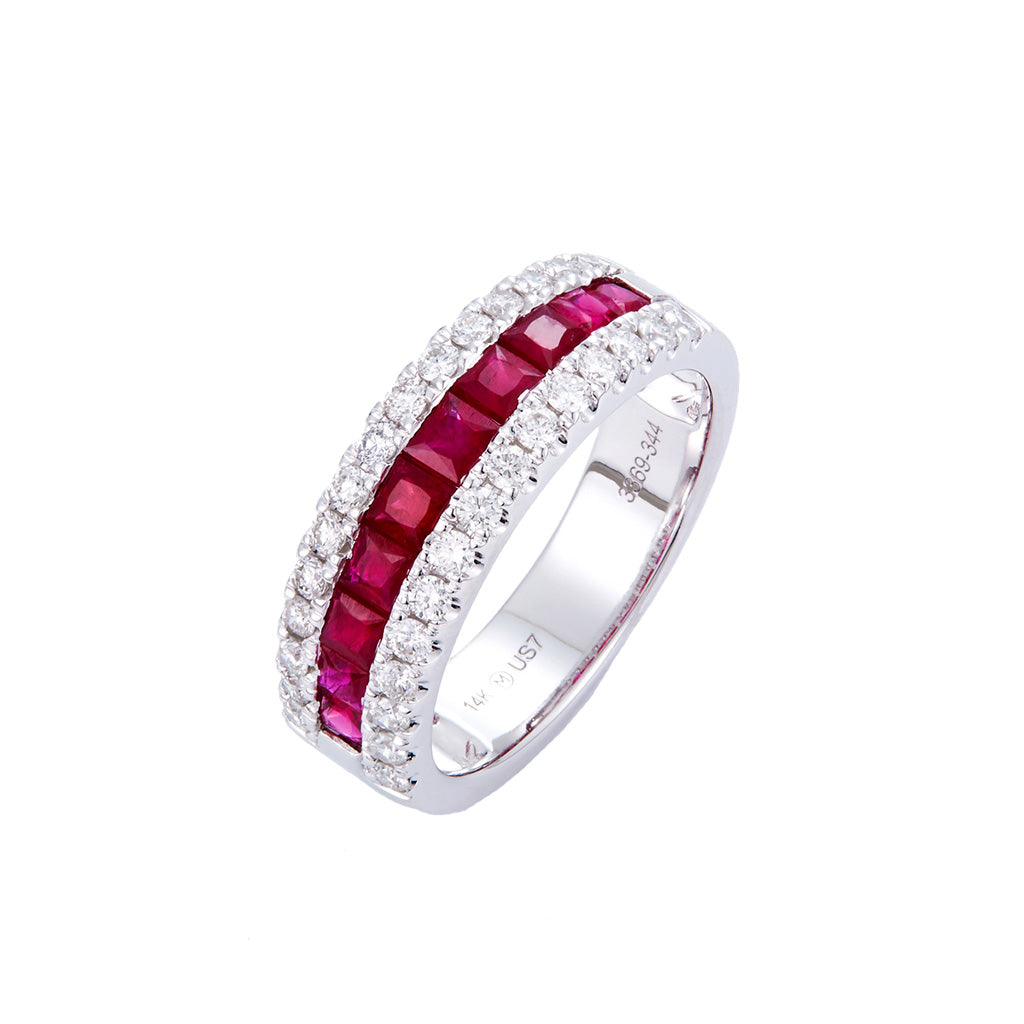 Ruby and diamond band ring in 14K white gold available at Victoria Jones Jewelry Amarillo Texas