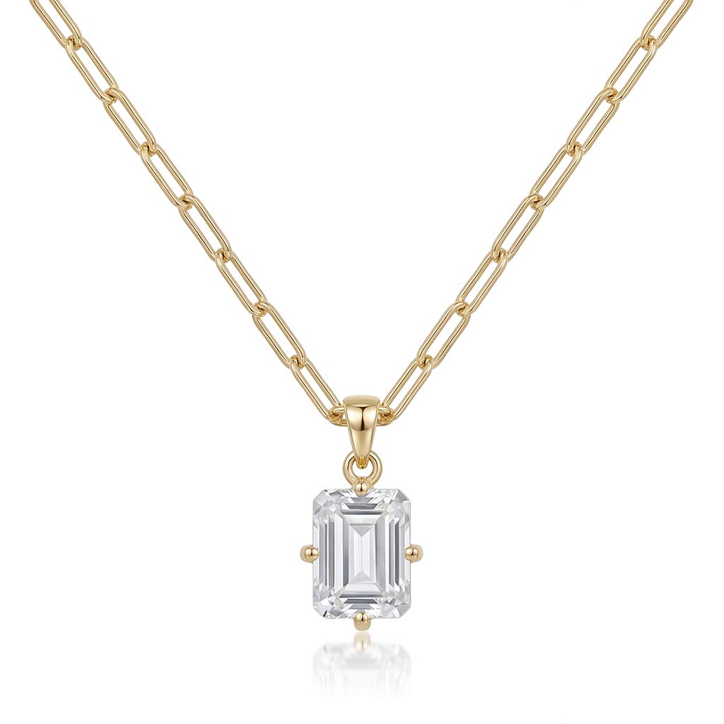 White Topaz emerald cut necklace on a paperclip yellow gold chain