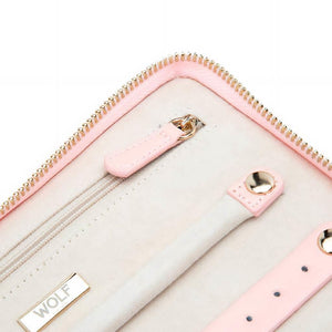 earring, ring and zipper storage with pink leather & cream interior