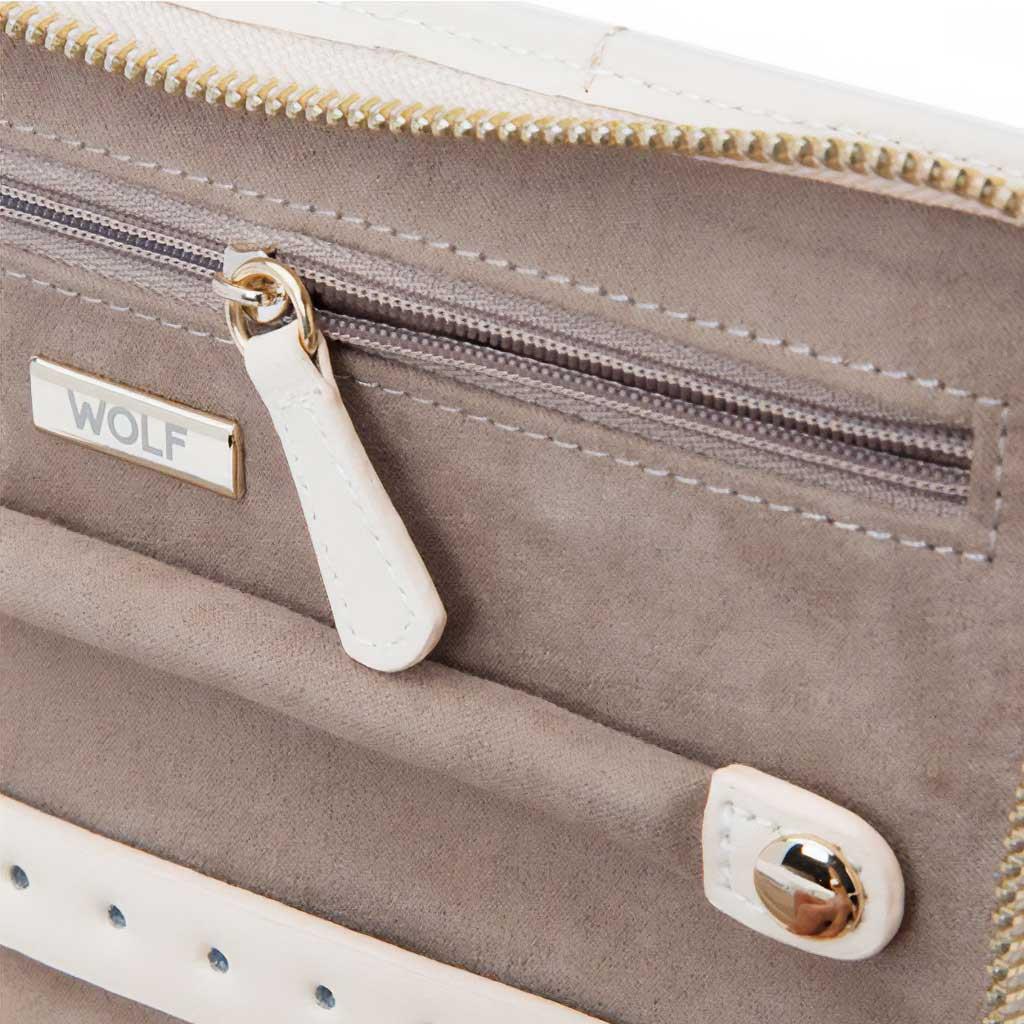 earring, ring and zipper storage with ivory leather &amp; tan interior