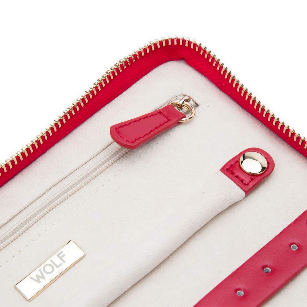 earring, ring and zipper storage with red leather &amp; cream interior
