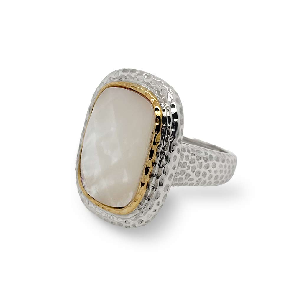 Sterling silver and 14K yellow gold statement ring featuring a 12.0-carat rectangular mother of pearl and hammered finish by Raymond Mazza