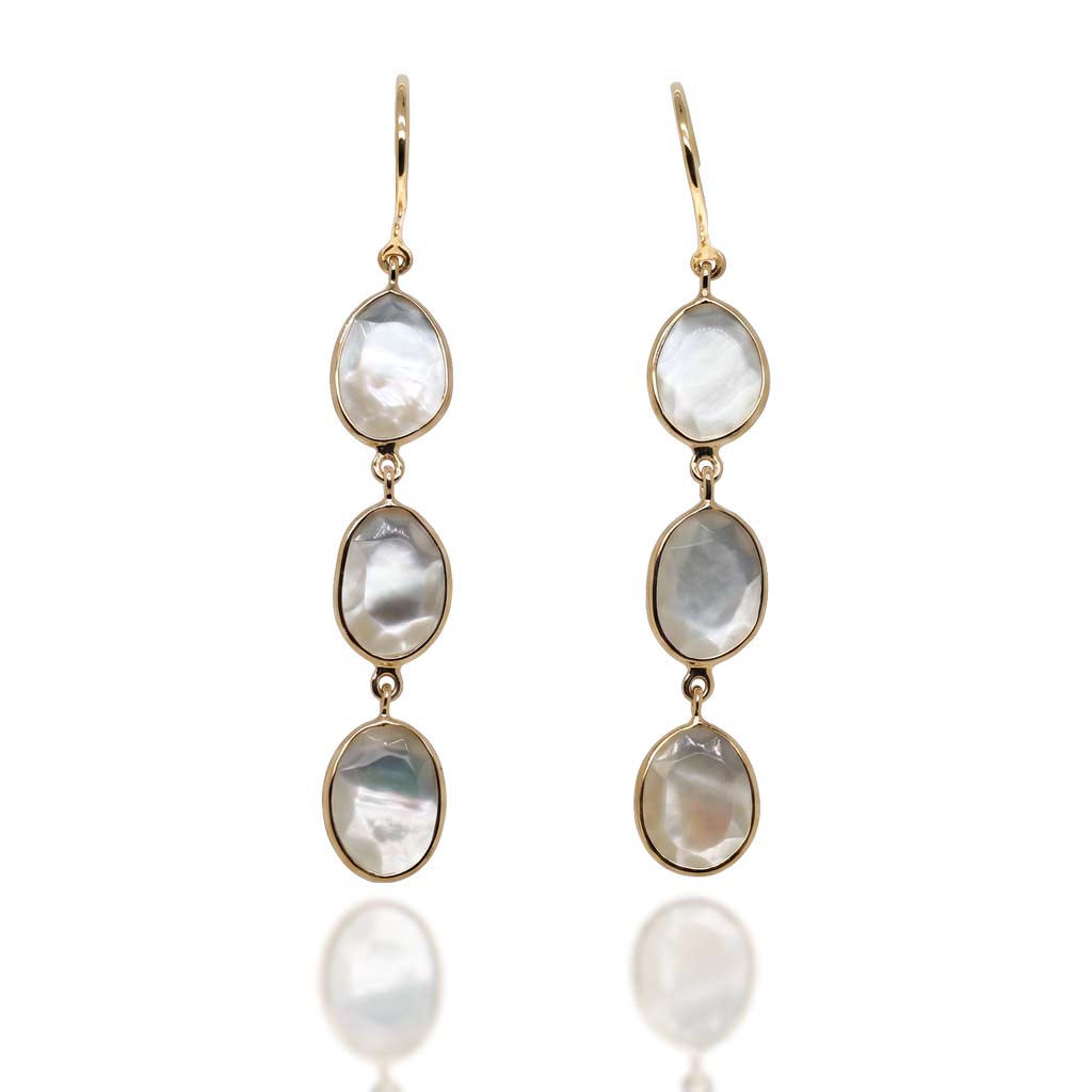 14K yellow gold mother of pearl slice dangle earrings with shepherd hooks by Raymond Mazza