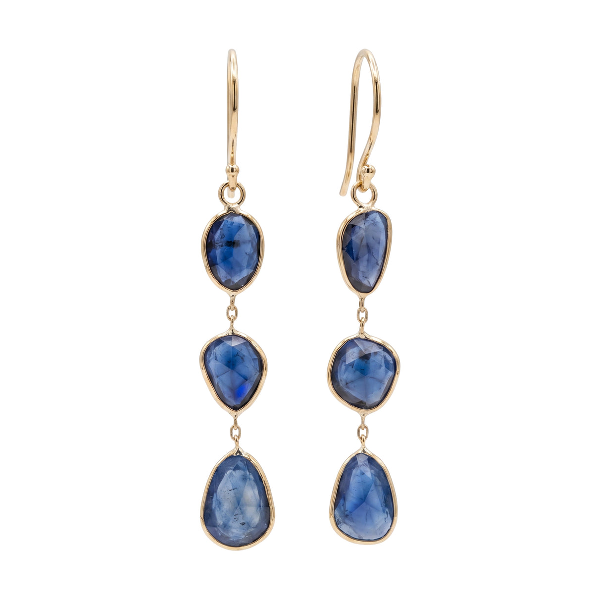 Raymond Mazza 14K yellow gold dangle earrings with three blue sapphire slices totaling 6.0 carats