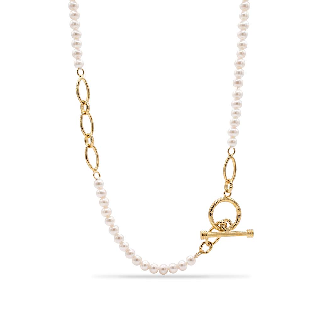 14K yellow gold pearl toggle necklace featuring 5.0mm pearls, oval links, and a modern toggle clasp by Raymond Mazza.