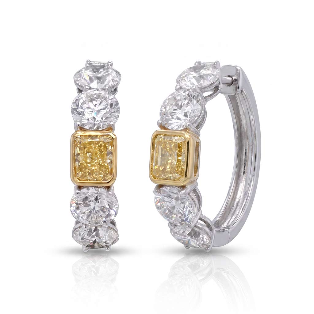 18K white and yellow gold diamond hoop earrings featuring fancy intense yellow radiant diamonds and round white diamonds