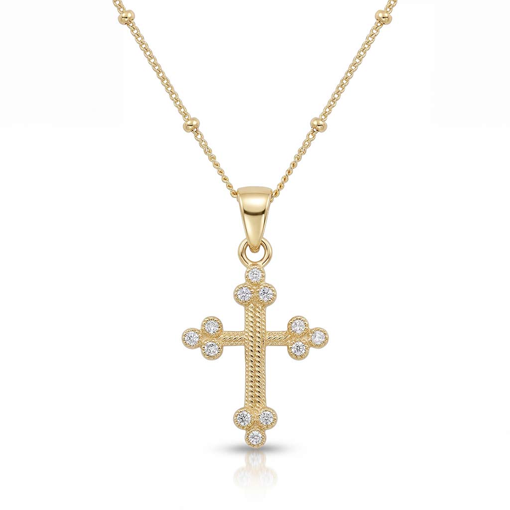 14K yellow gold vintage-inspired diamond cross pendant necklace with 12 round diamonds on an 18-inch chain by Raymond Mazza.