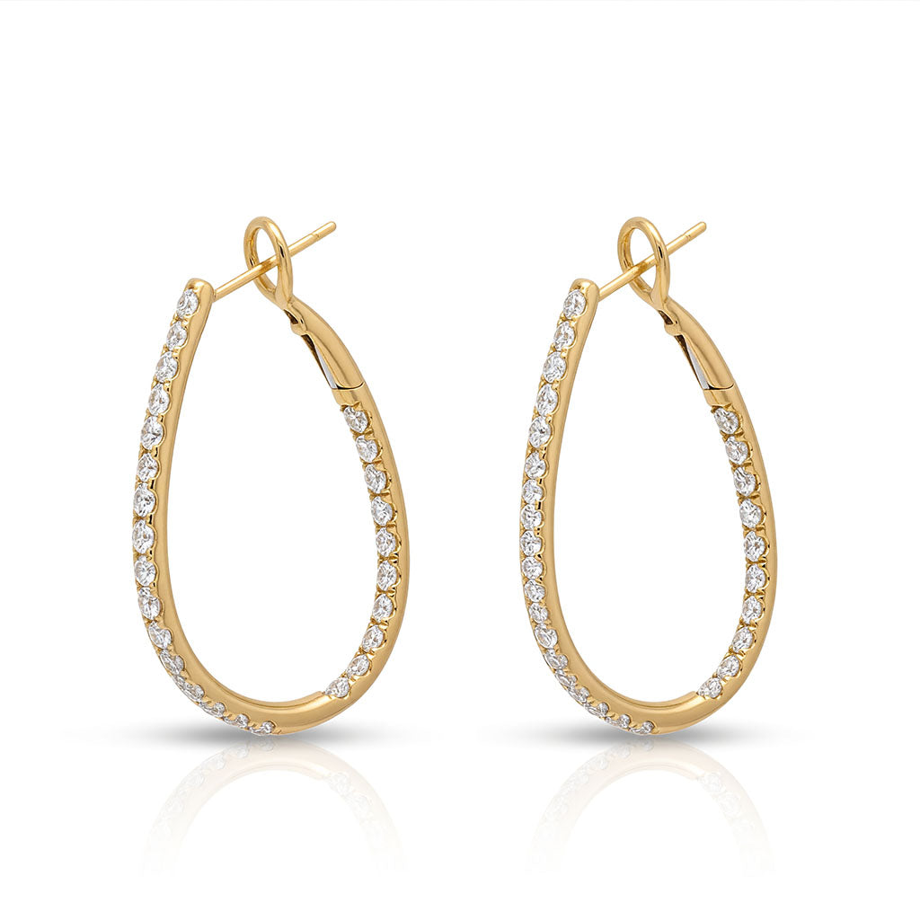18K yellow gold teardrop diamond hoop earrings featuring 2.05ctw diamonds and omega clasps