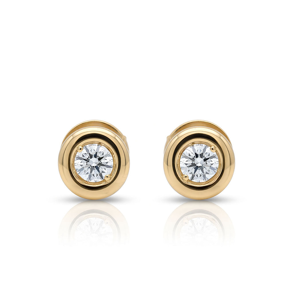 14K yellow gold bezel-set diamond stud earrings featuring two round diamonds totaling 0.46ctw.
