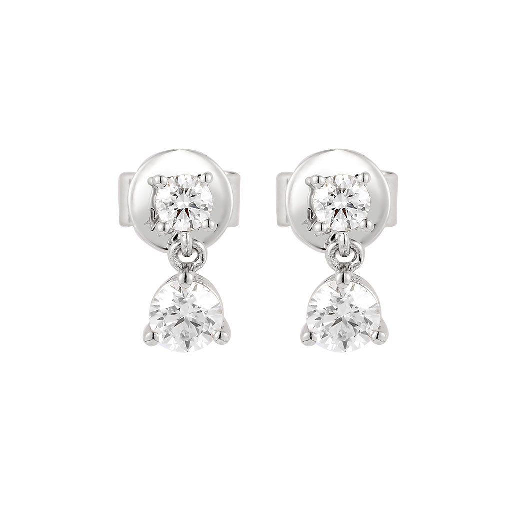 4K white gold petite diamond drop earrings with 0.52ctw round diamonds and pushback closures.