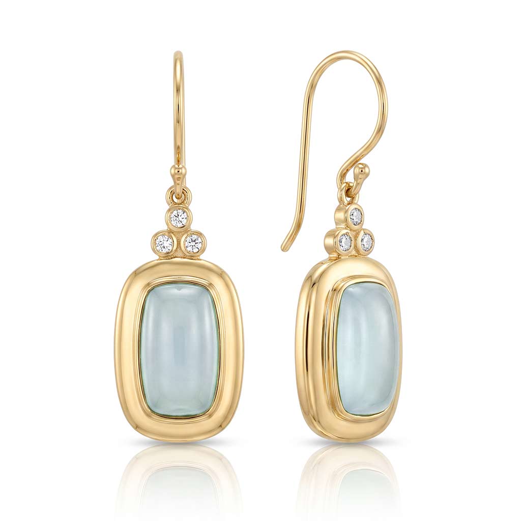 14K yellow gold aquamarine and diamond dangle earrings featuring rectangular cabochon aquamarines, six round diamonds, and shepherd hook by Raymond Mazza