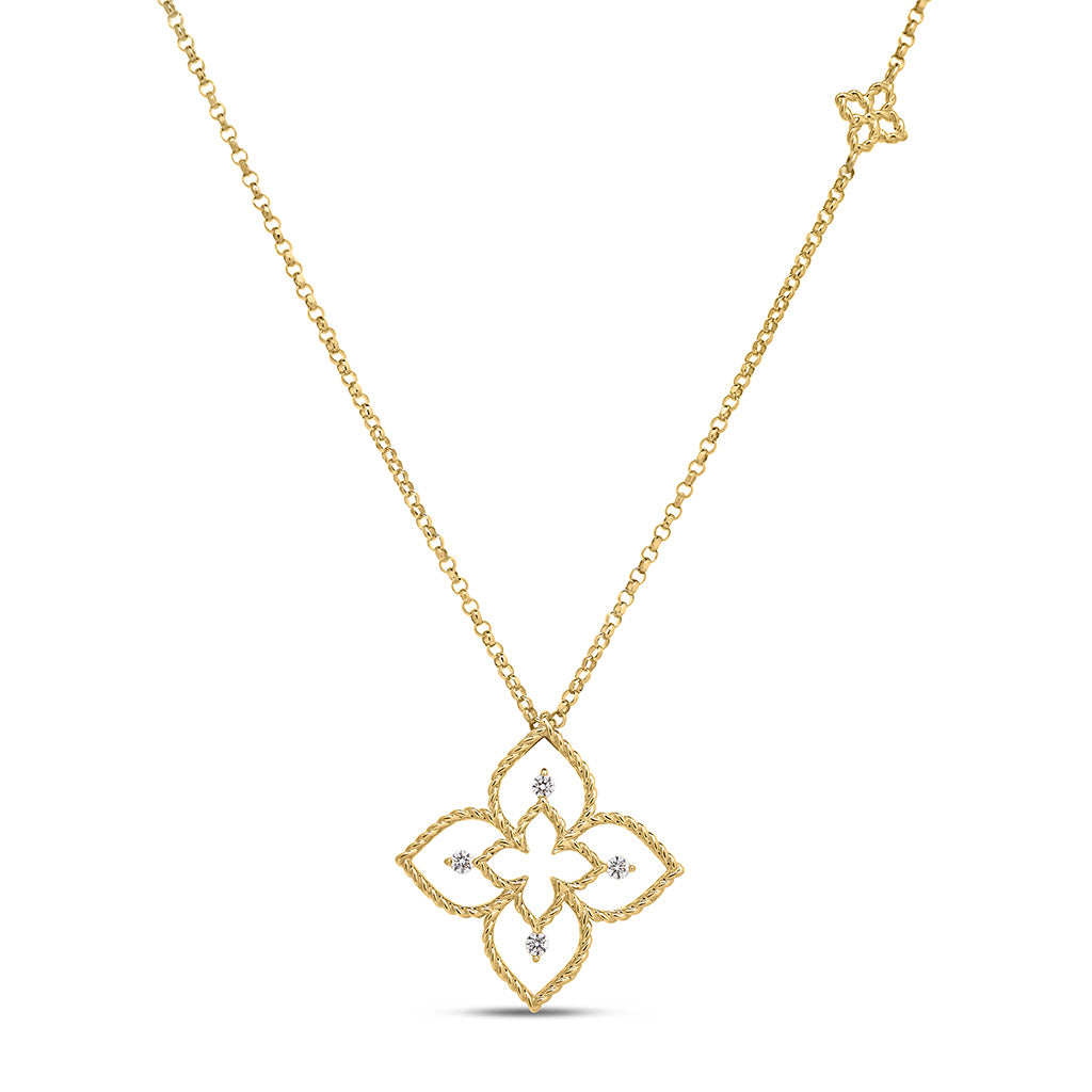 Roberto Coin Princess Flower necklace in 18K yellow gold with an open-frame floral design and diamond accents.