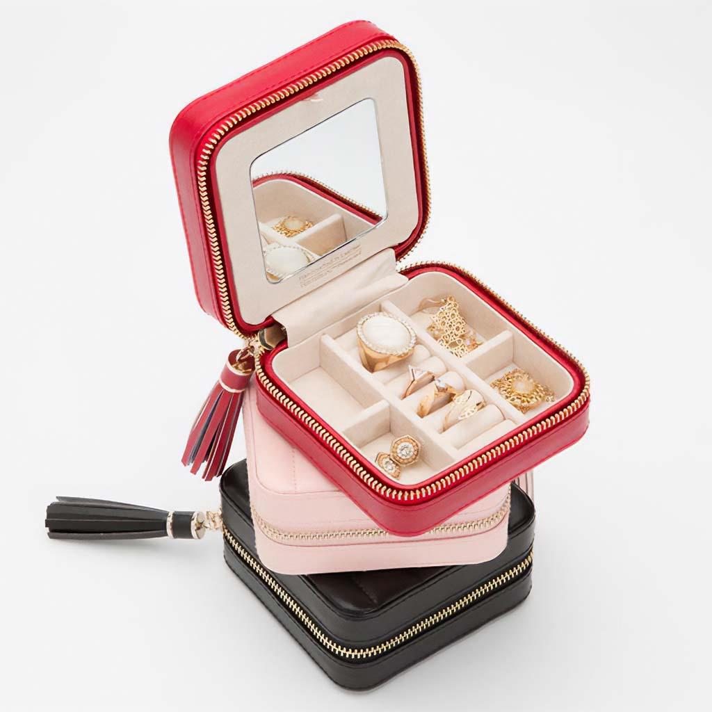 Wolf square travel jewelry box in red, pink and black