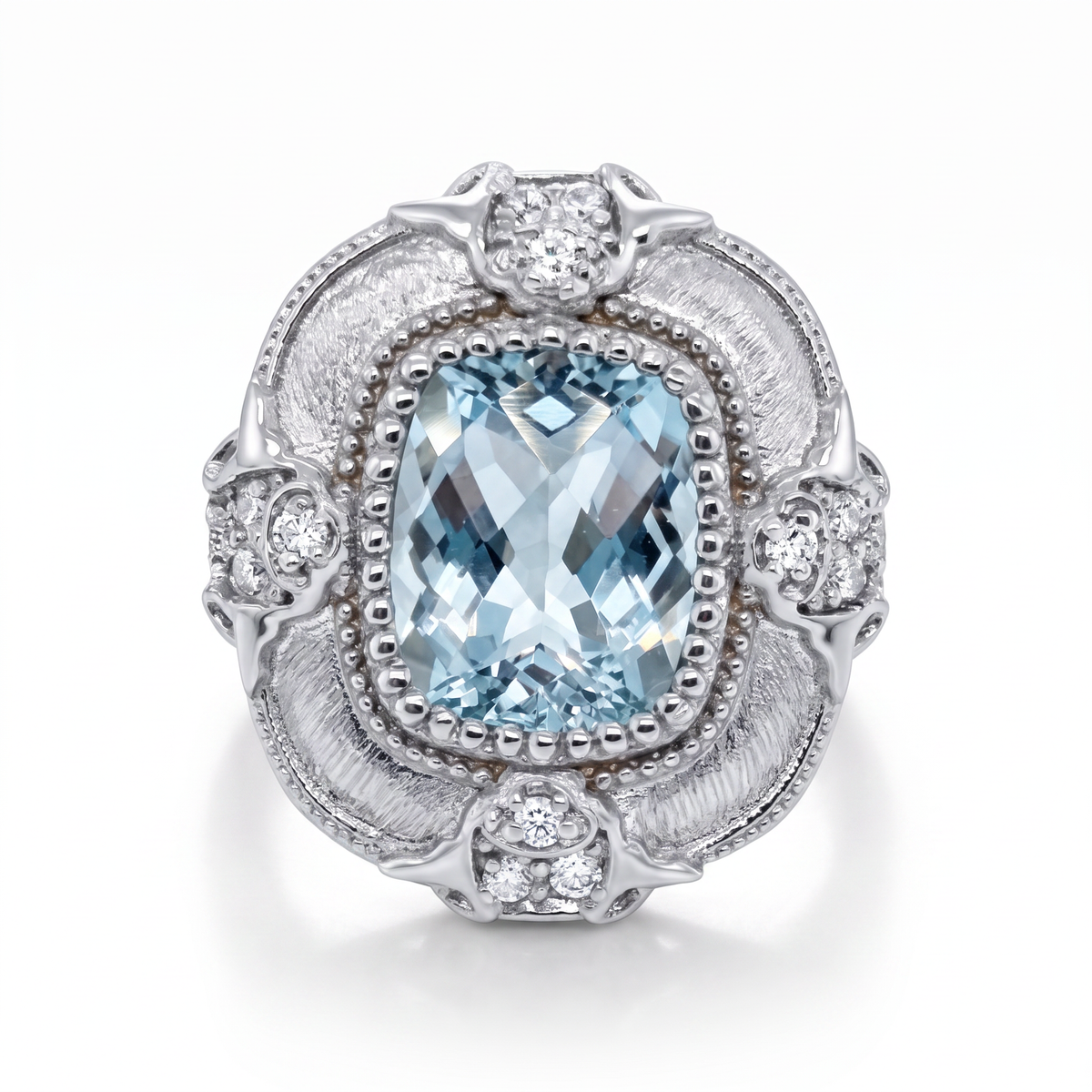 14K white gold vintage-inspired aquamarine ring featuring a 3.50-carat aquamarine, diamond accents, and intricate milgrain and filigree detailing by Raymond Mazza
