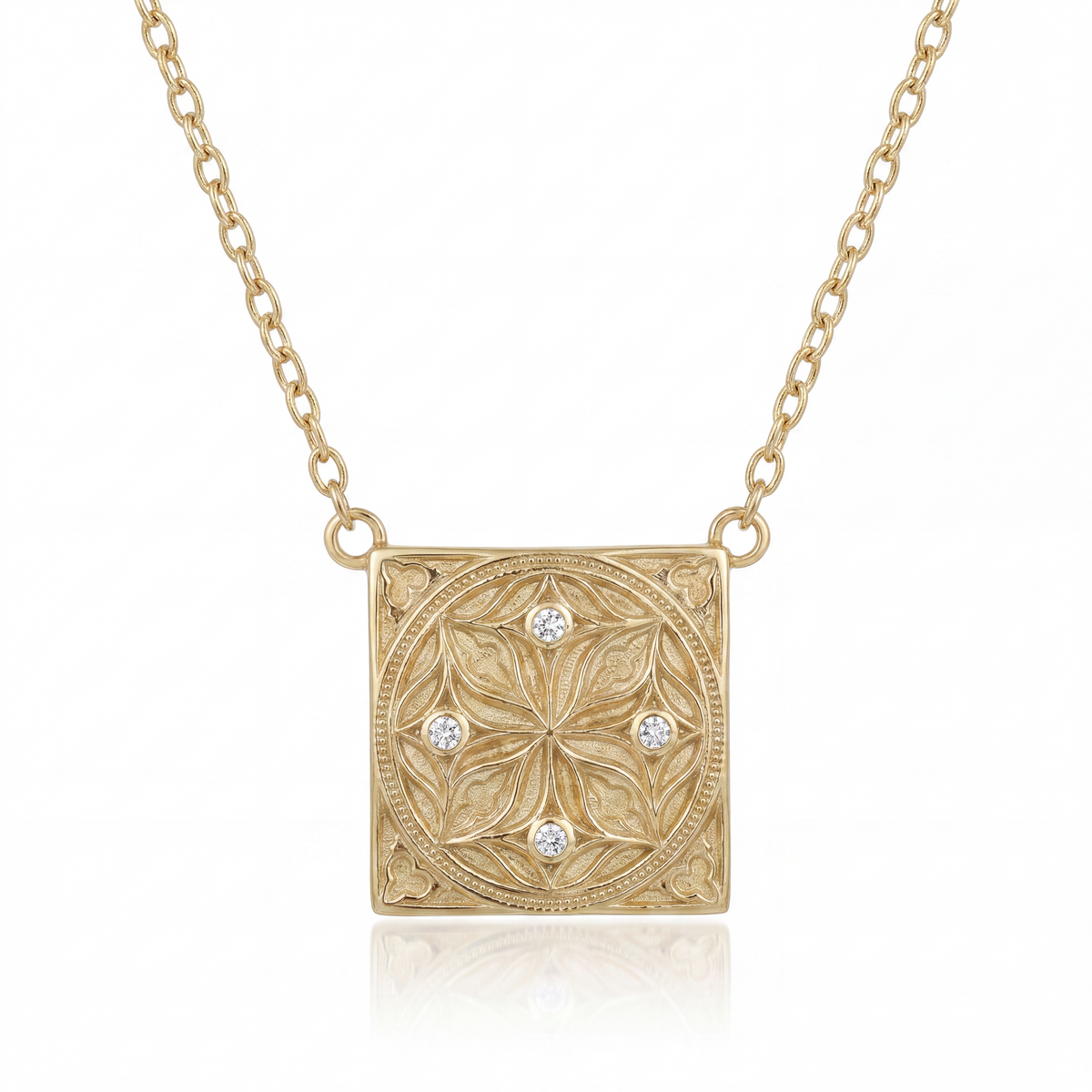 14K yellow gold Biltmore-inspired square pendant necklace with four round diamonds on an 18-inch chain by Raymond Mazza.