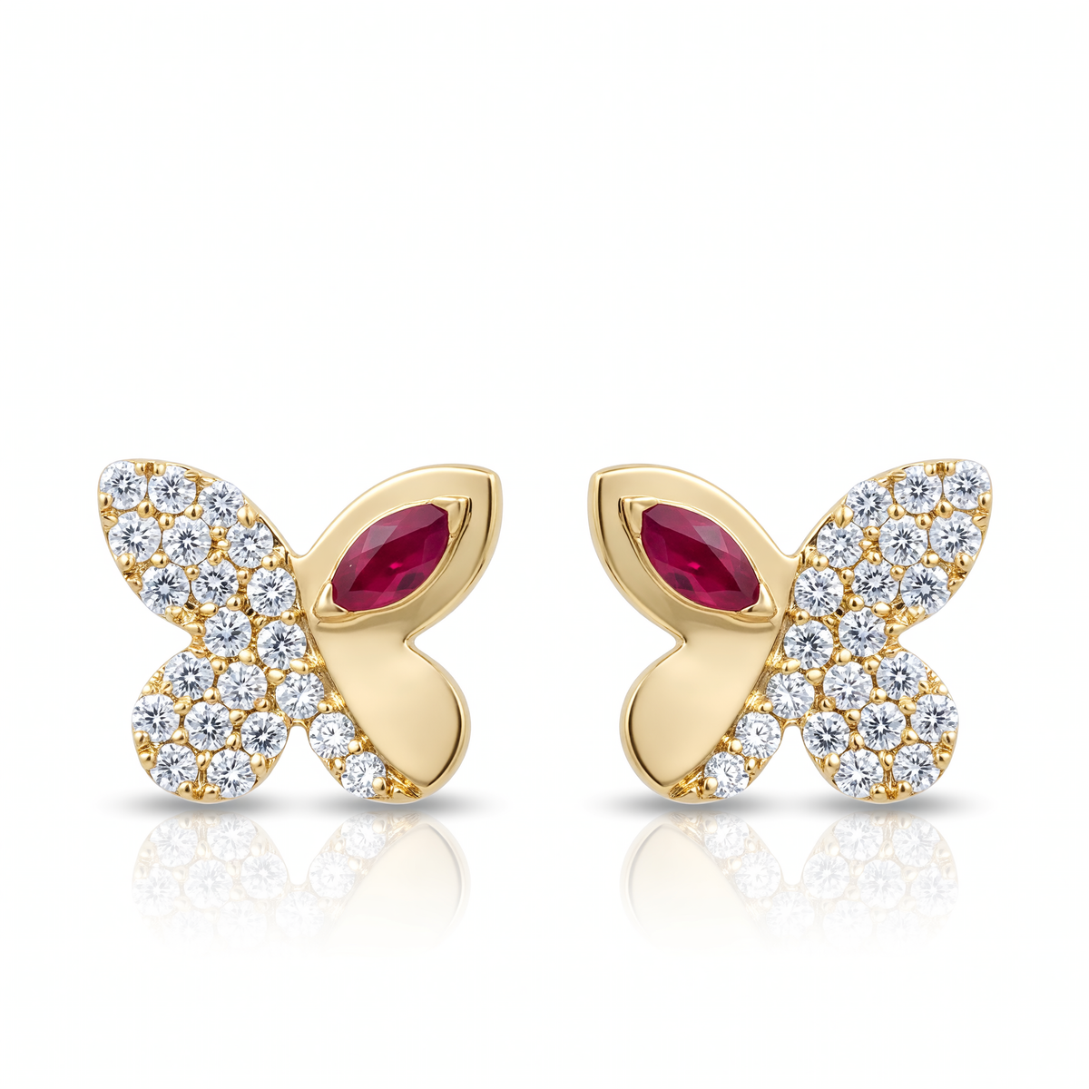 Diamond and ruby butterfly earrings in 14K yellow gold with 0.20ctw diamonds and 0.09ctw rubies.