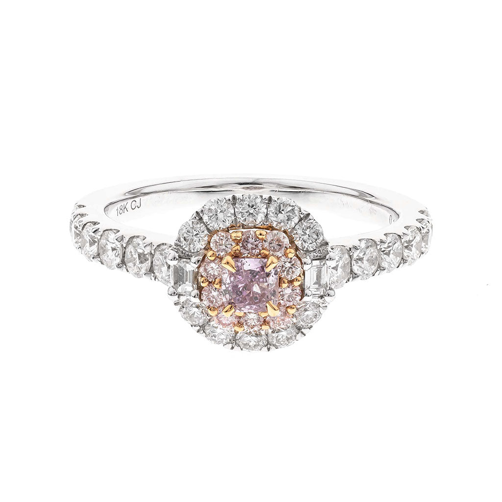 Pink diamond engagement style ring with double halo and white diamond band in two tone gold