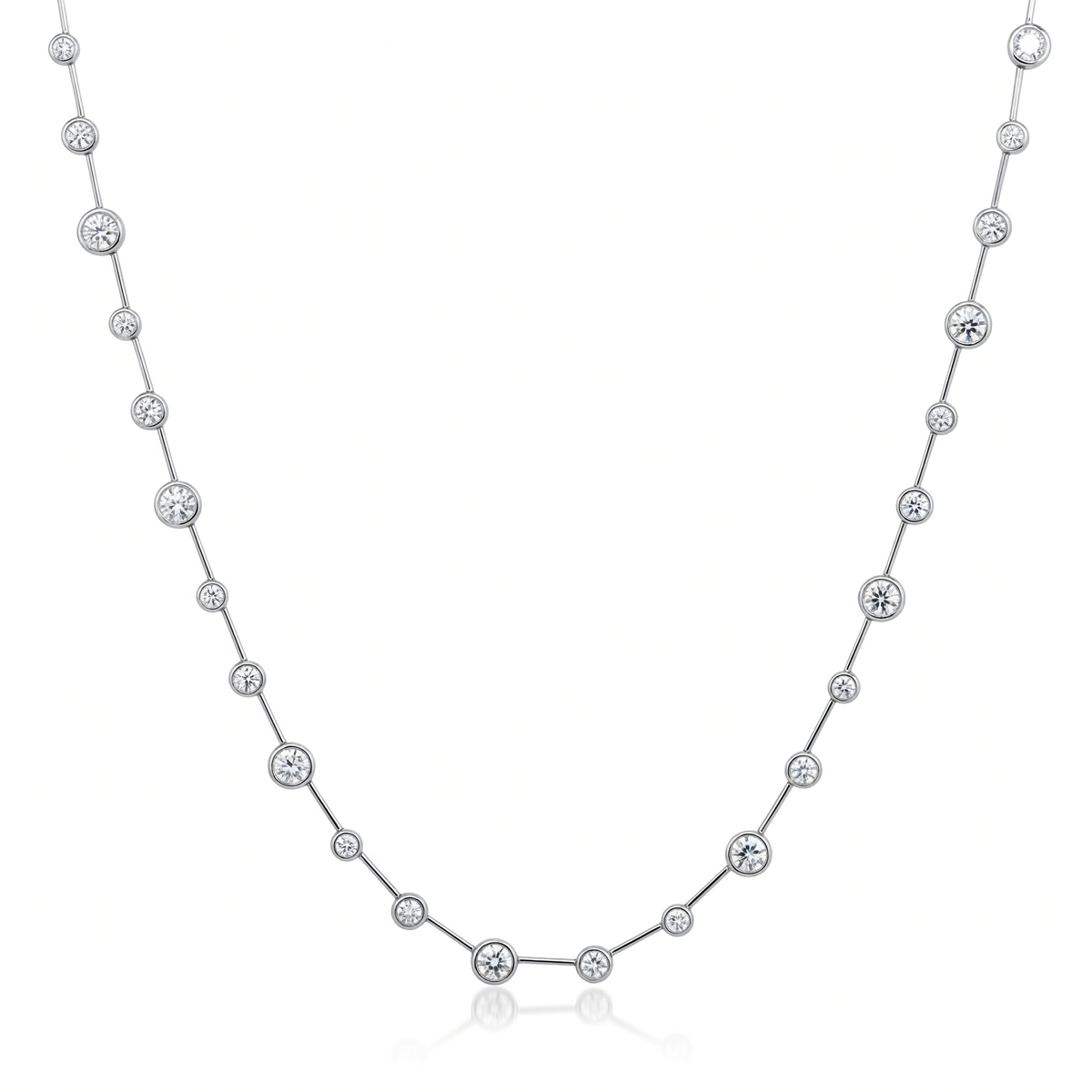 18K white gold diamond station necklace featuring 37 bezel-set round diamonds totaling 4.52ctw.