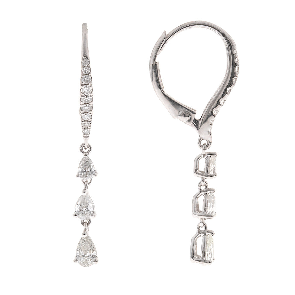 Diamond dangle earrings with three pear shaped drops and accented diamond lever back in white gold