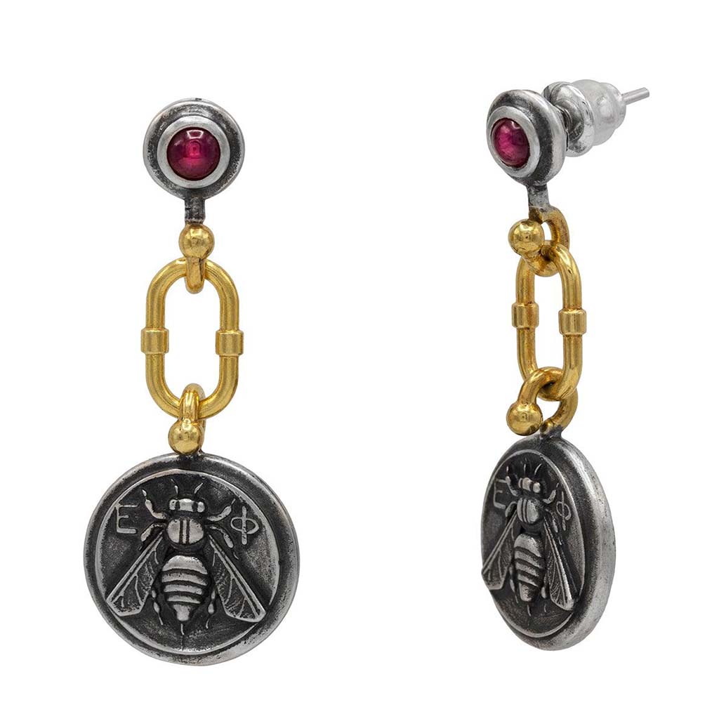 Handcrafted Gurhan Bee Coin earrings featuring cabochon rubies in sterling silver with 24K gold overlay