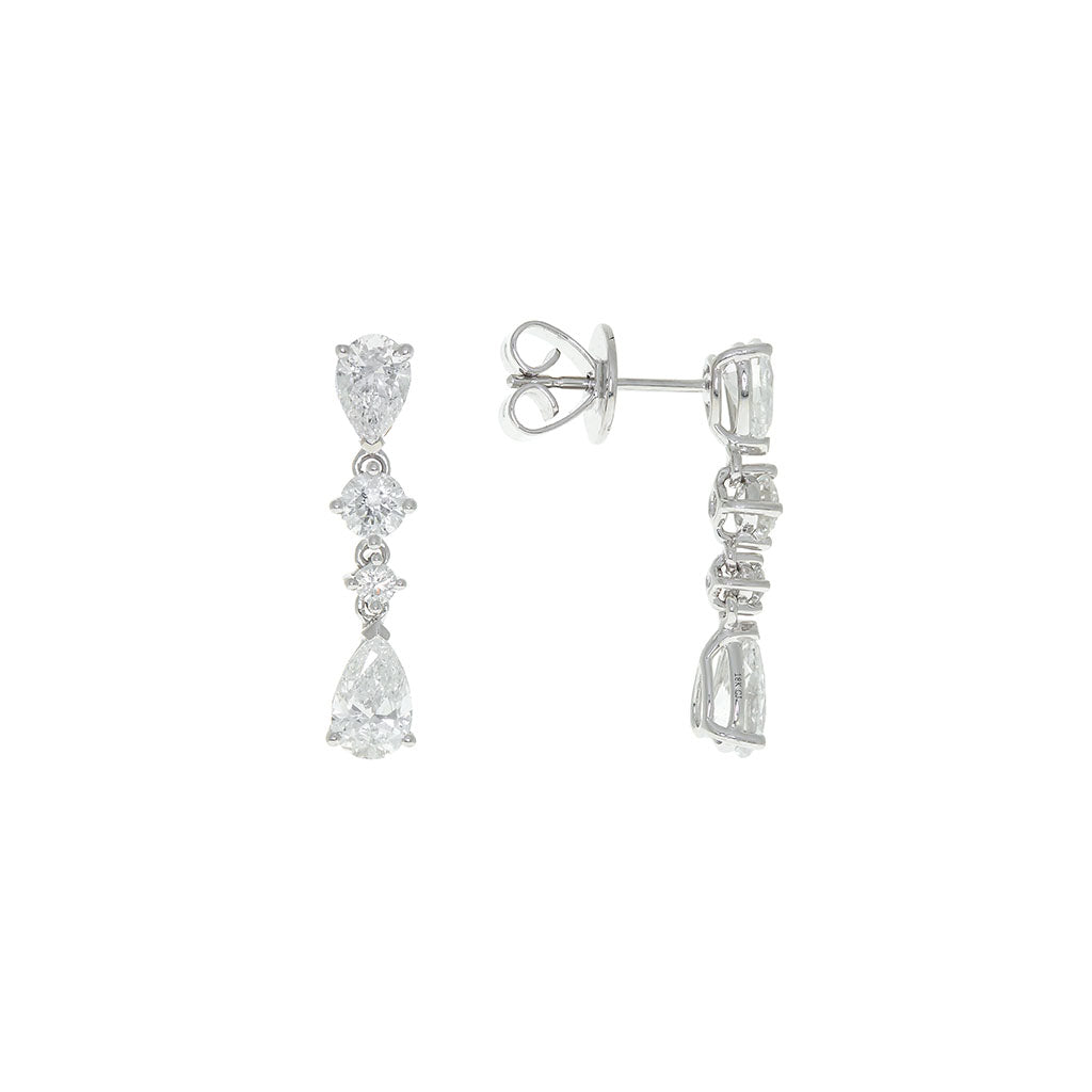 Diamond dangle earrings with alternating pear shaped and round diamonds in white gold