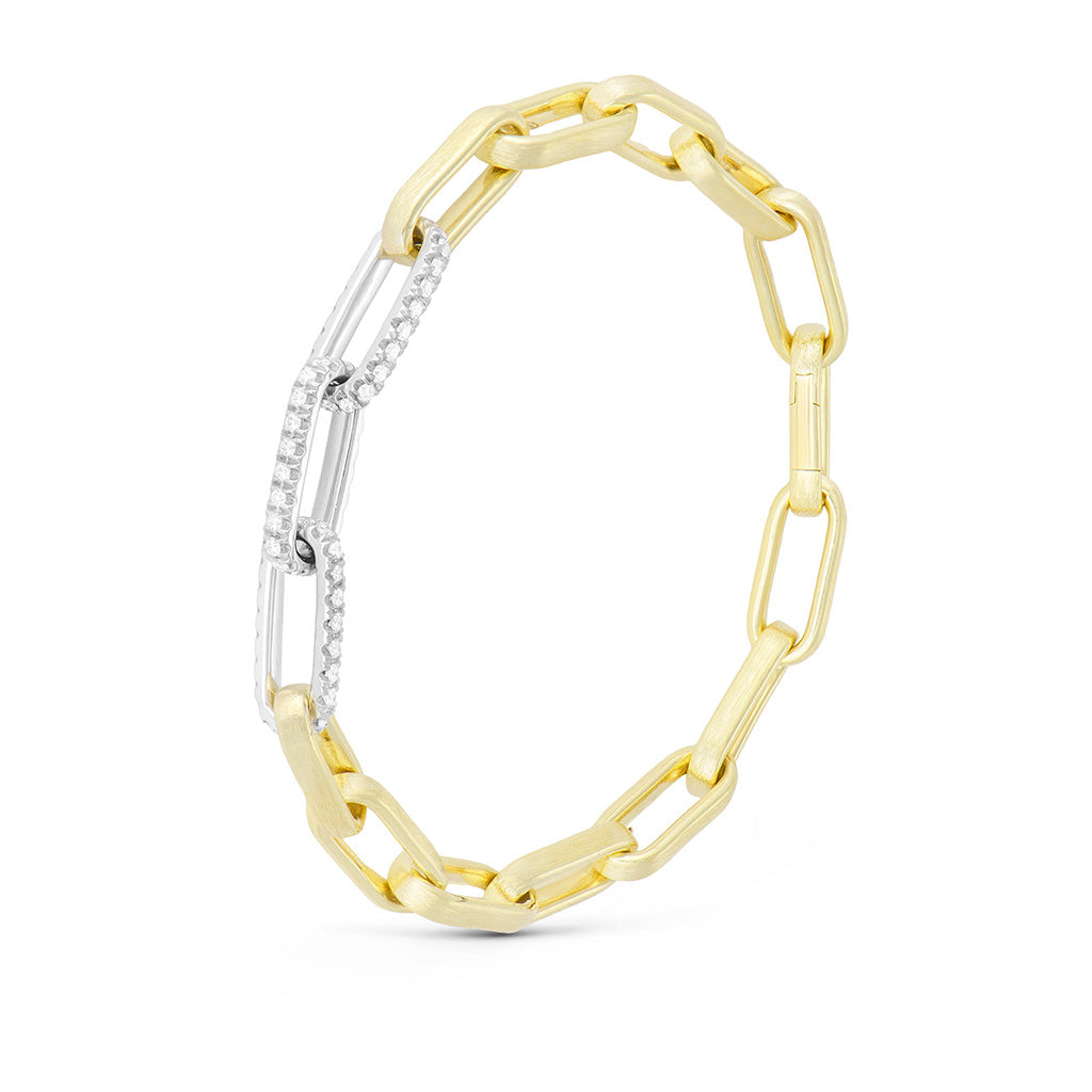 Piero Milano 18K yellow and white gold link bracelet with three pavé diamond links totaling 0.79 carats