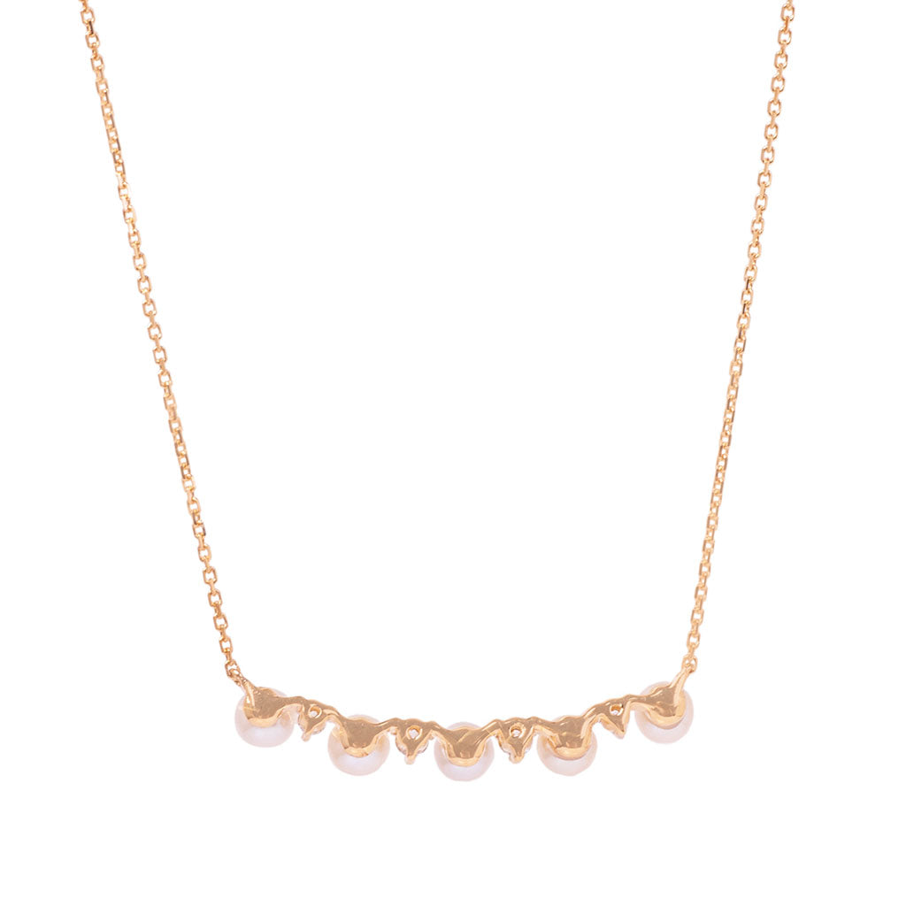 Pearl and diamond necklace in yellow gold with horizontal bar design and delicate chain