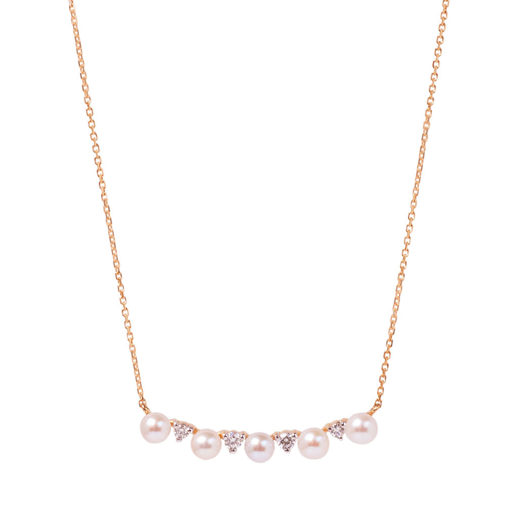 14K yellow gold pearl and diamond bar necklace with five round pearls and diamond accents