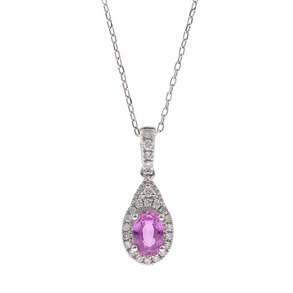 14K white gold necklace with 0.59ct oval pink sapphire surrounded by round diamond halo