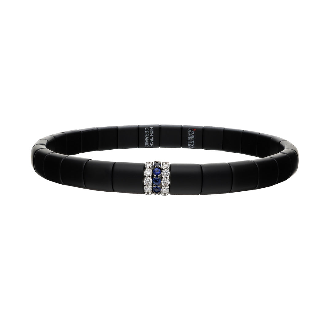 Black Ceramic Diamond &amp; Blue Sapphire Stretch Bracelet