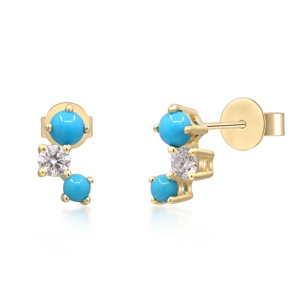 Turquoise and diamond stud earrings in yellow gold with modern clustered design