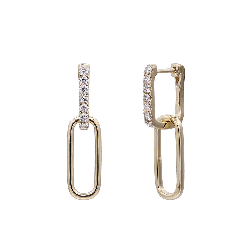 14K yellow gold diamond paperclip dangle earrings with pavé diamond huggie and elongated link drop