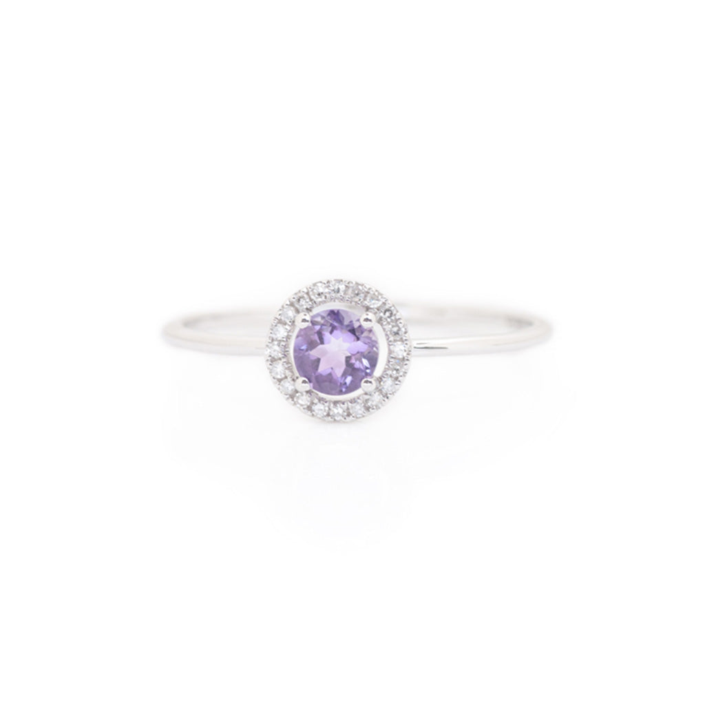 purple amethyst ring with diamond halo white gold stacking ring close up