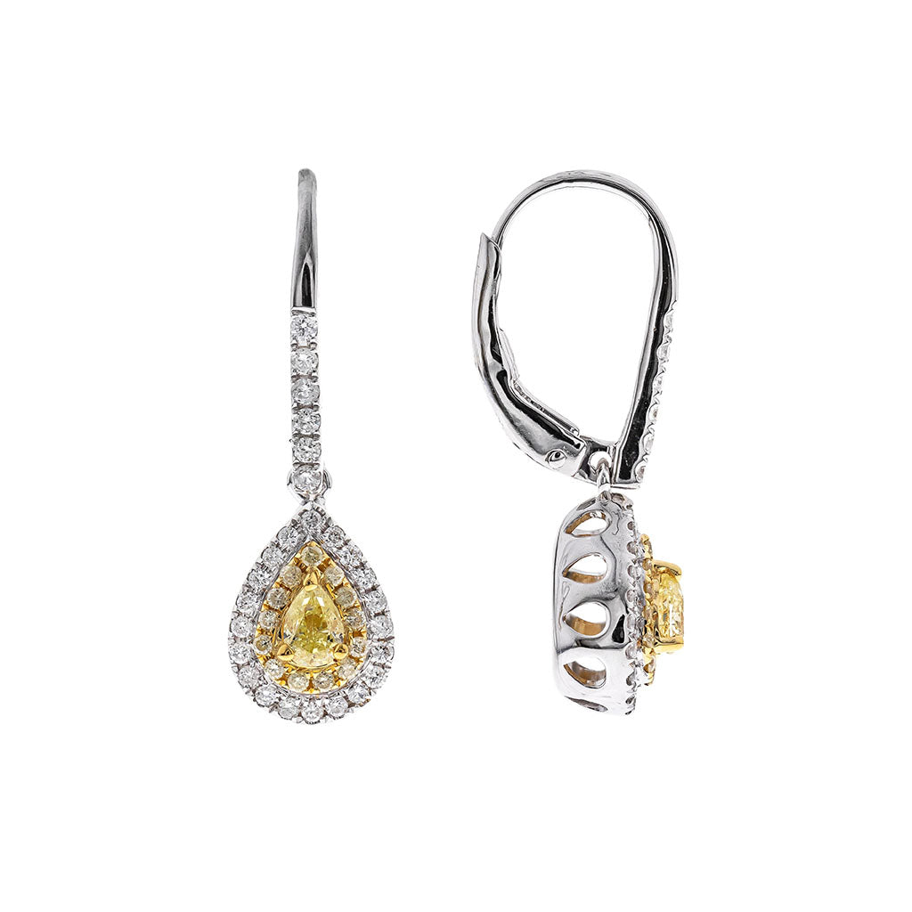 Yellow diamond halo dangle earrings with pear shaped center stones and diamond lever back in white gold