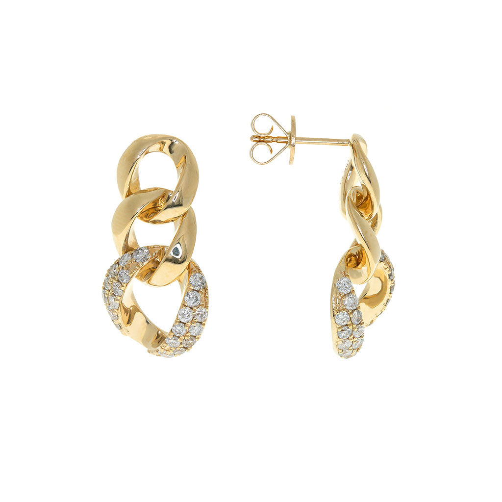 Diamond curb link drop earrings in yellow gold with polished links and diamond detail